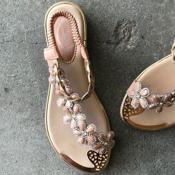 Restocked! Italina Peachy Tan Floral Rhinestone Gold Woven Flat Sandal - Picture 3 of 12